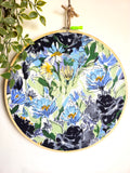 Watercolor Print Embroidery Hoop – White, Grey Blue, Black