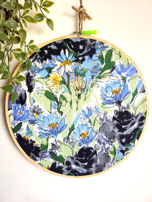 Watercolor Print Embroidery Hoop – White, Grey Blue, Black