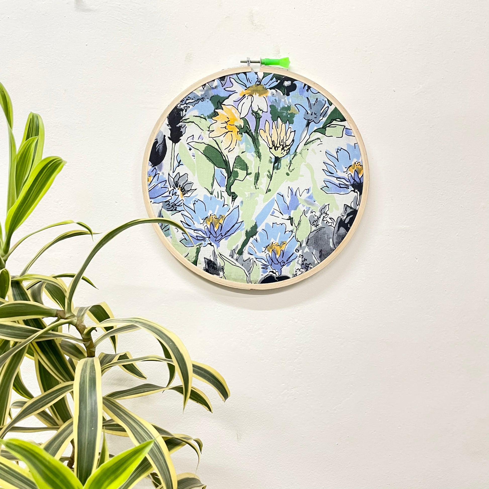 Watercolor Print Embroidery Hoop – White, Grey Blue, Black | Upcycled Fabric | Multiple Sizes