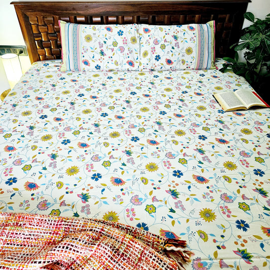 Floral Pure Cotton Cream Super King Size Bedsheet