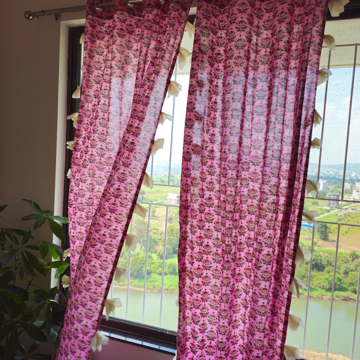 Pink Lotus Motif Cotton Curtain with White Tassels