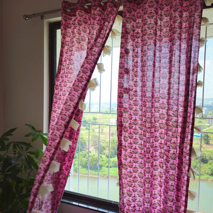 Pink Lotus Motif Cotton Curtain with White Tassels