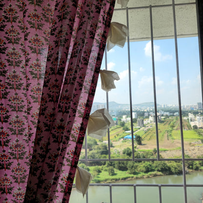 Pink Lotus Motif Cotton Curtain with White Tassels