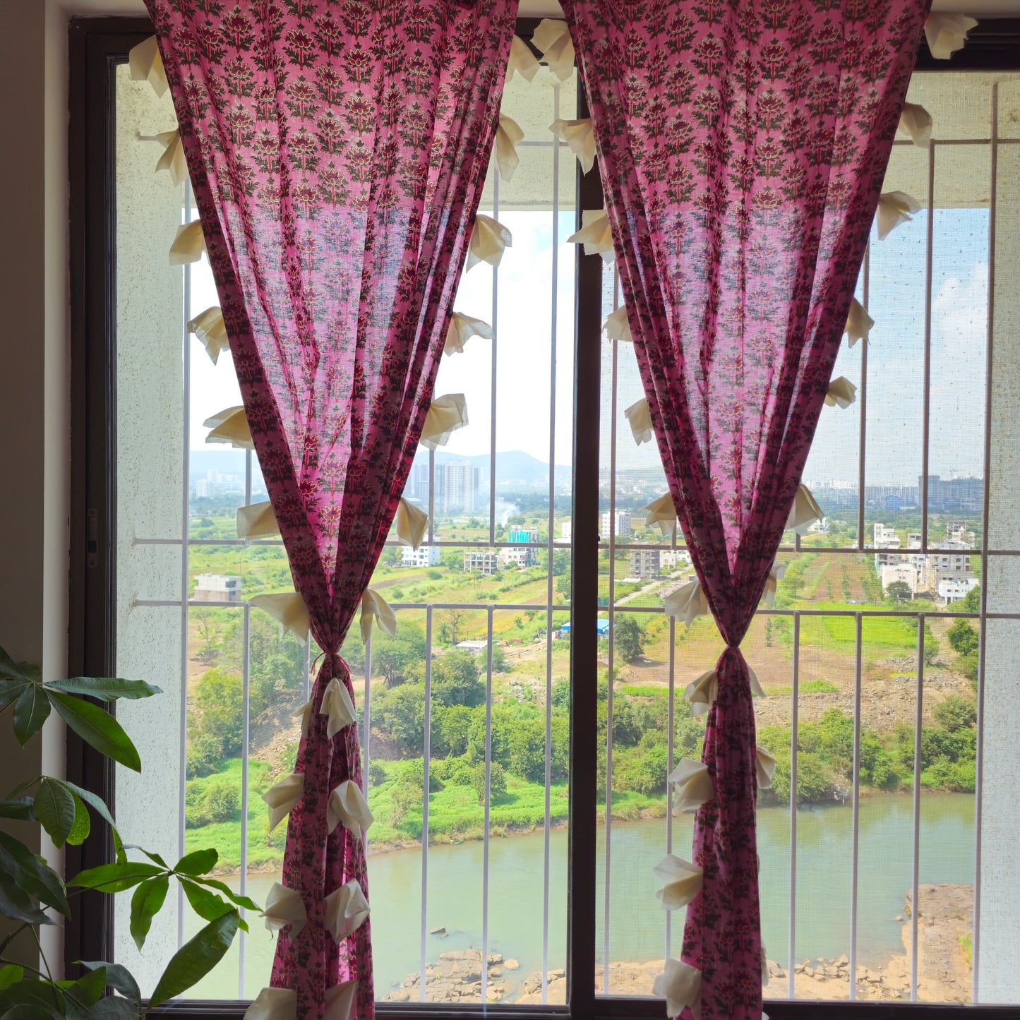 Pink Lotus Motif Cotton Curtain with White Tassels