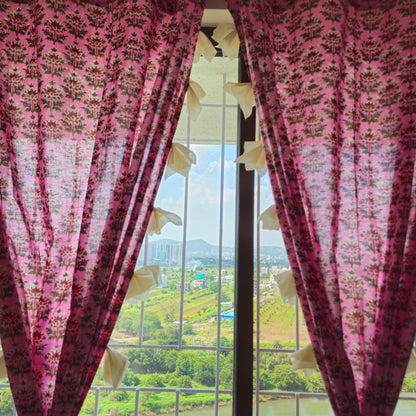 Pink Lotus Motif Cotton Curtain with White Tassels