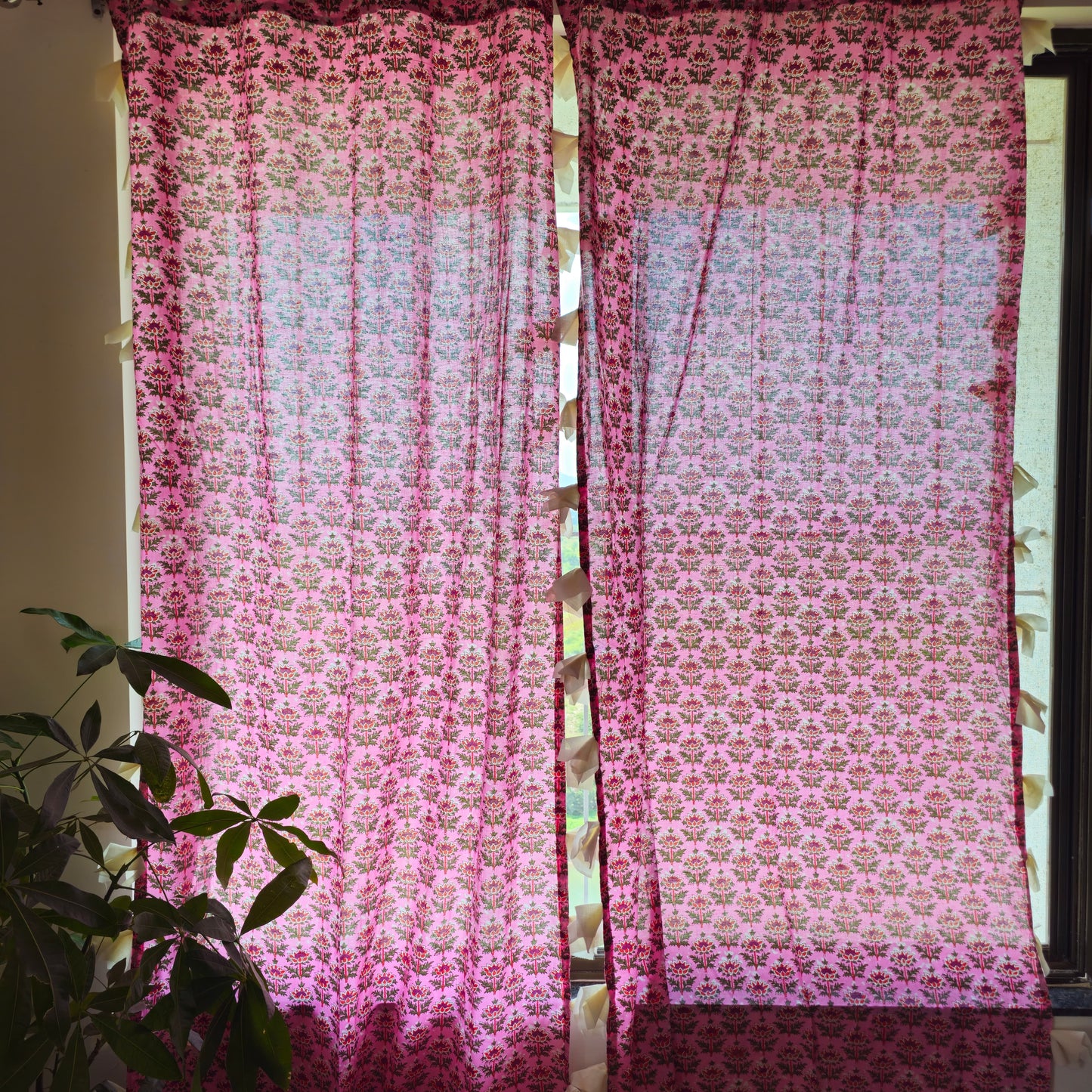 Pink Lotus Motif Cotton Curtain with White Tassels