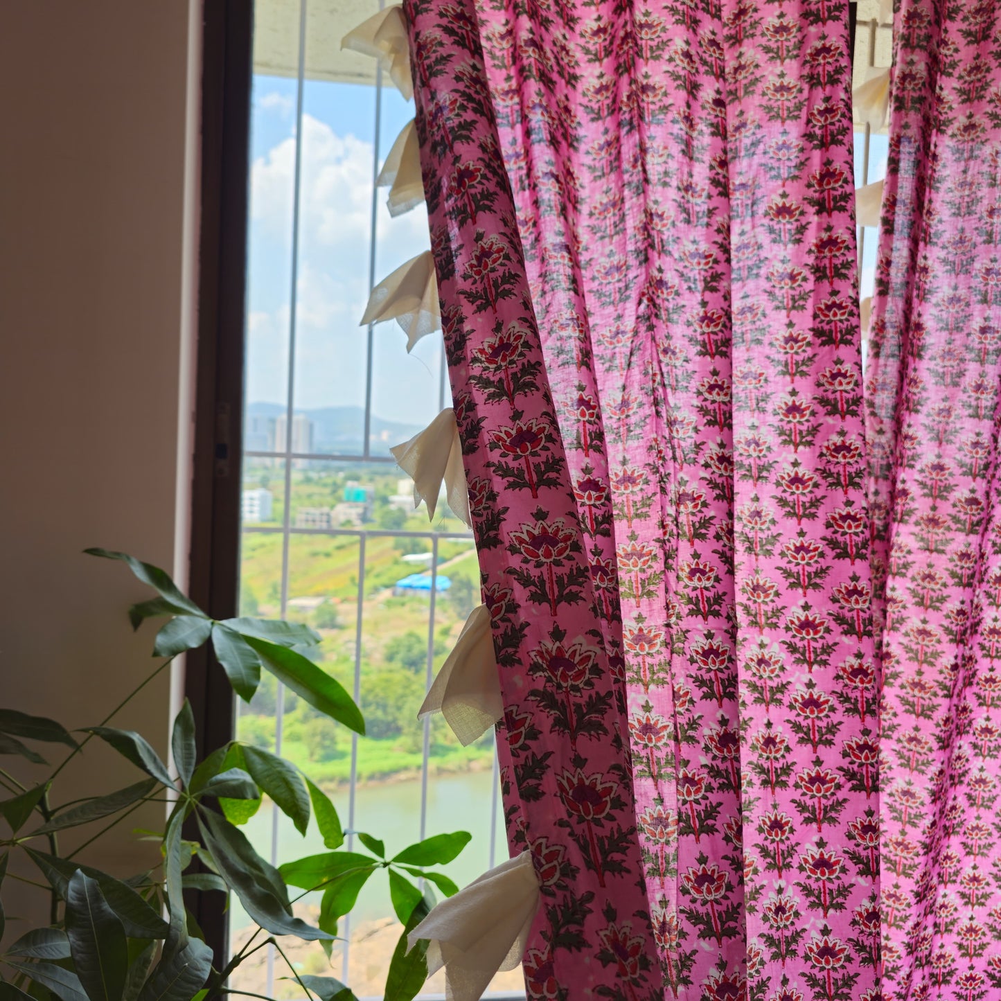 Pink Lotus Motif Cotton Curtain with White Tassels