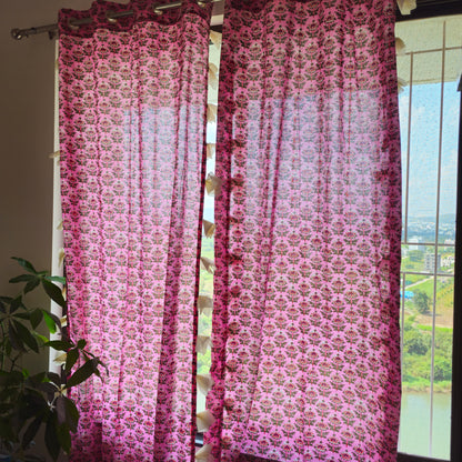 Pink Lotus Motif Cotton Curtain with White Tassels