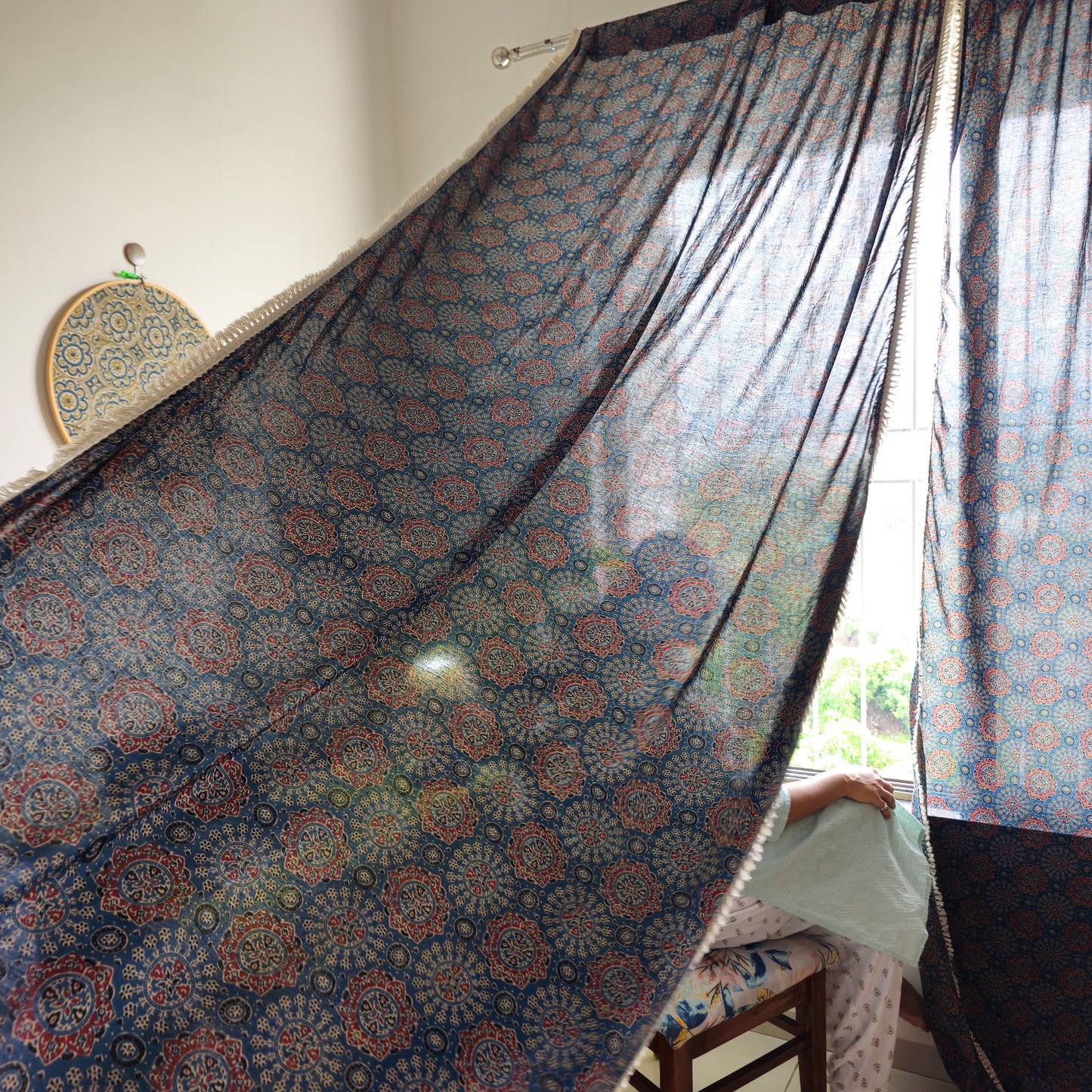 Blue Ajrakh Block Print Sheer Curtains with White Cotton Tassel Lace