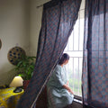 Blue Ajrakh Block Print Sheer Curtains with White Cotton Tassel Lace