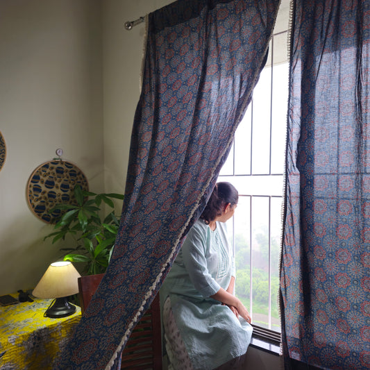 Blue Ajrakh Block Print Sheer Curtains with White Cotton Tassel Lace