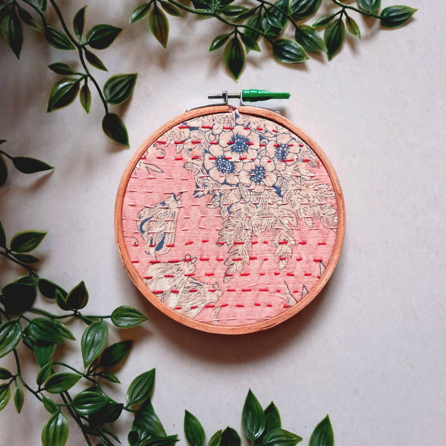 Peach Kantha Work Floral Embroidery Hoop | Handmade | Upcycled Fabric