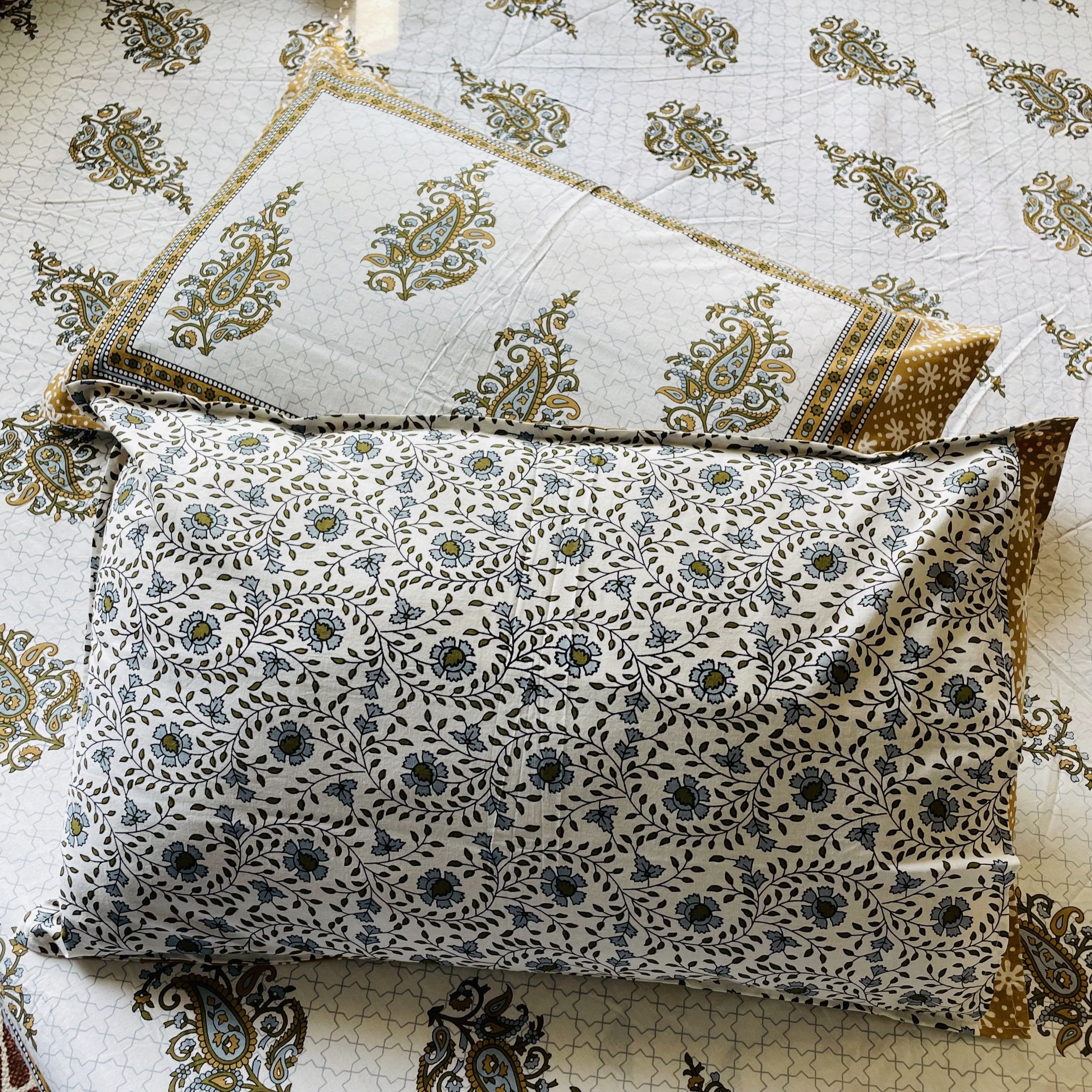 King Size Fitted Bedsheet | Pure Cotton | Brown & Green Paisley Print on White Base