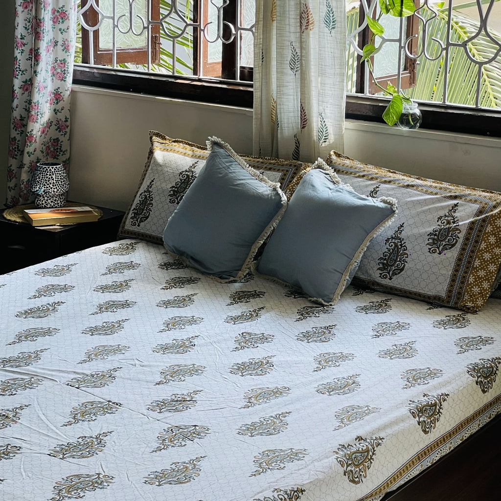 King Size Fitted Bedsheet | Pure Cotton | Brown & Green Paisley Print on White Base
