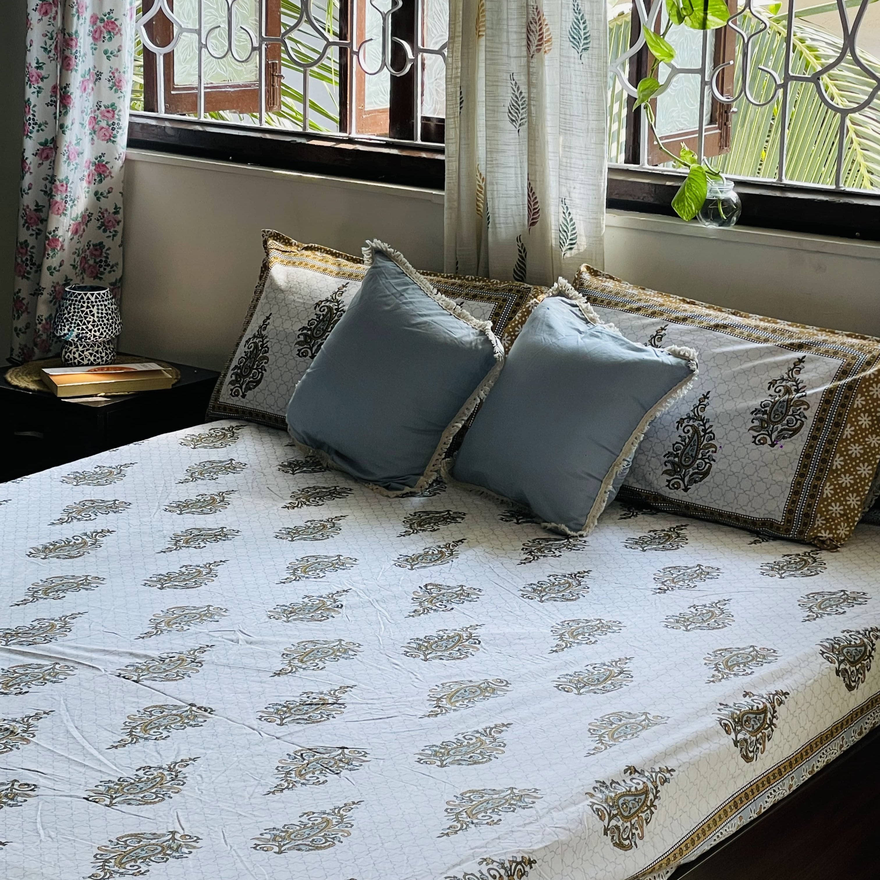 King Size Fitted Bedsheet | Pure Cotton | Brown & Green Paisley Print on White Base