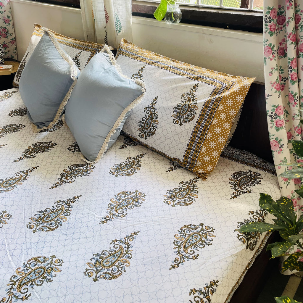 King Size Fitted Bedsheet | Pure Cotton | Brown & Green Paisley Print on White Base