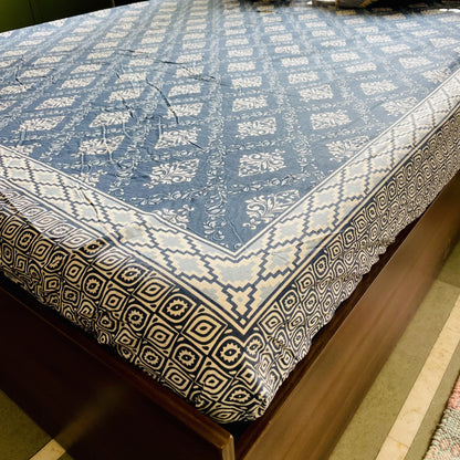 Navy Blue and White Jaipuri Print King Size Fitted Bedsheet | Pure Cotton