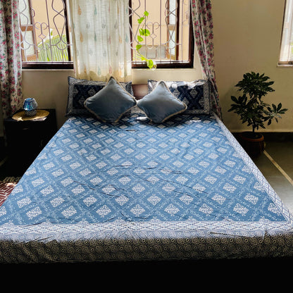 Navy Blue and White Jaipuri Print King Size Fitted Bedsheet | Pure Cotton