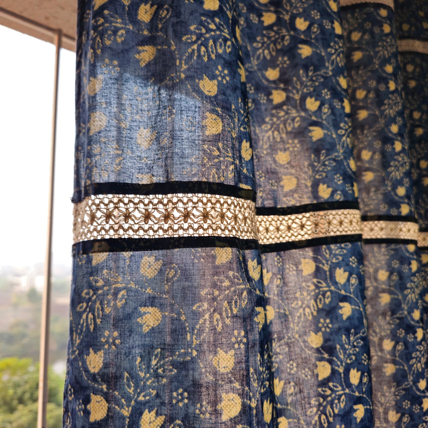 Indigo Blue Off White Floral Cotton Curtain with Vintage Cotton Lace Work | Partially Sheer