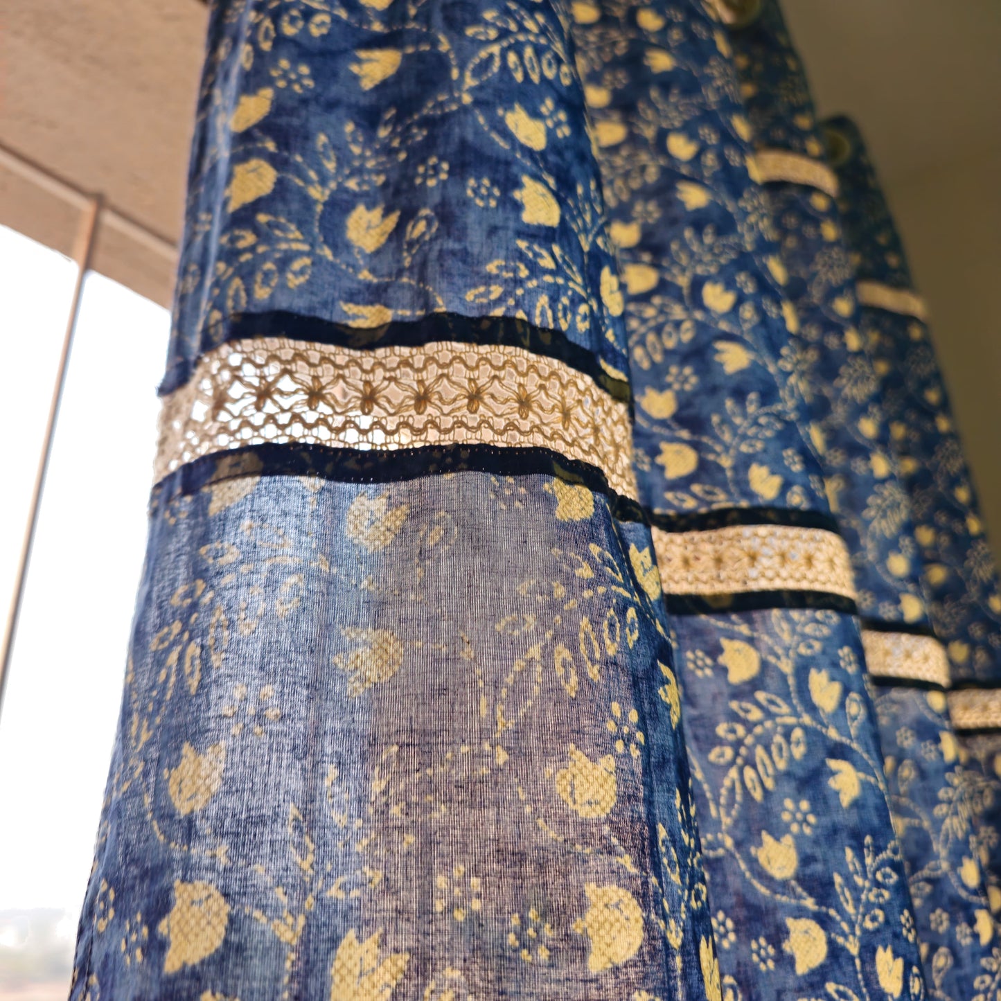 Indigo Blue Off White Floral Cotton Curtain with Vintage Cotton Lace Work | Partially Sheer