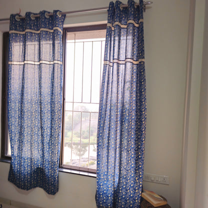 Indigo Blue Off White Floral Cotton Curtain with Vintage Cotton Lace Work | Partially Sheer