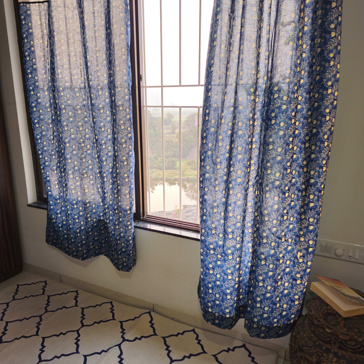 Indigo Blue Off White Floral Cotton Curtain with Vintage Cotton Lace Work | Partially Sheer