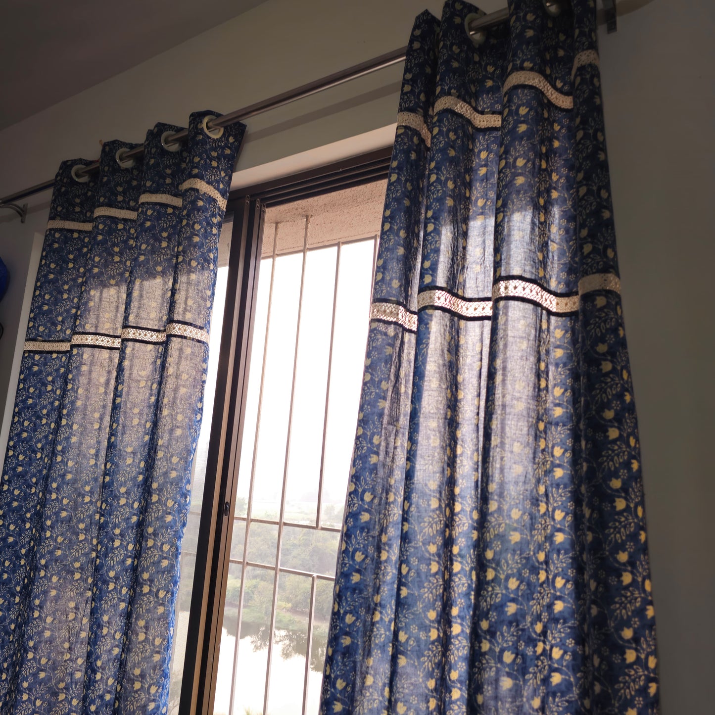 Indigo Blue Off White Floral Cotton Curtain with Vintage Cotton Lace Work | Partially Sheer