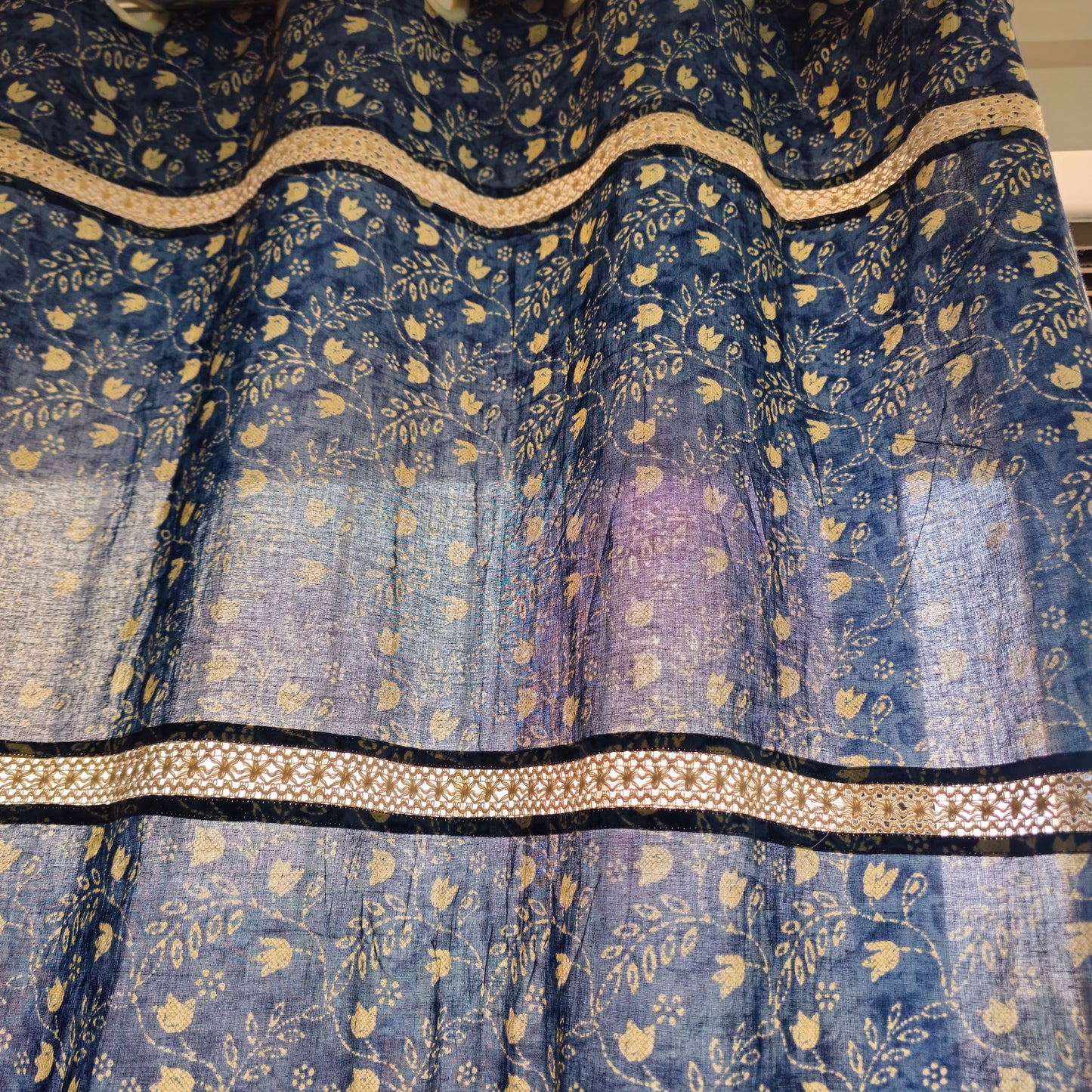 Indigo Blue Off White Floral Cotton Curtain with Vintage Cotton Lace Work | Partially Sheer