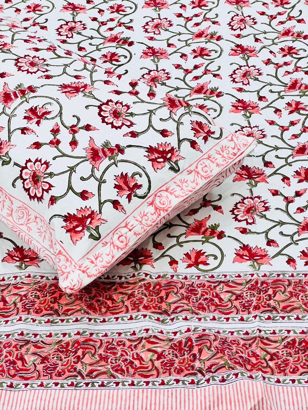 White Bedsheet – Salmon Red & Peach Floral Block Printed Cotton + Pillow Covers (100×108″)