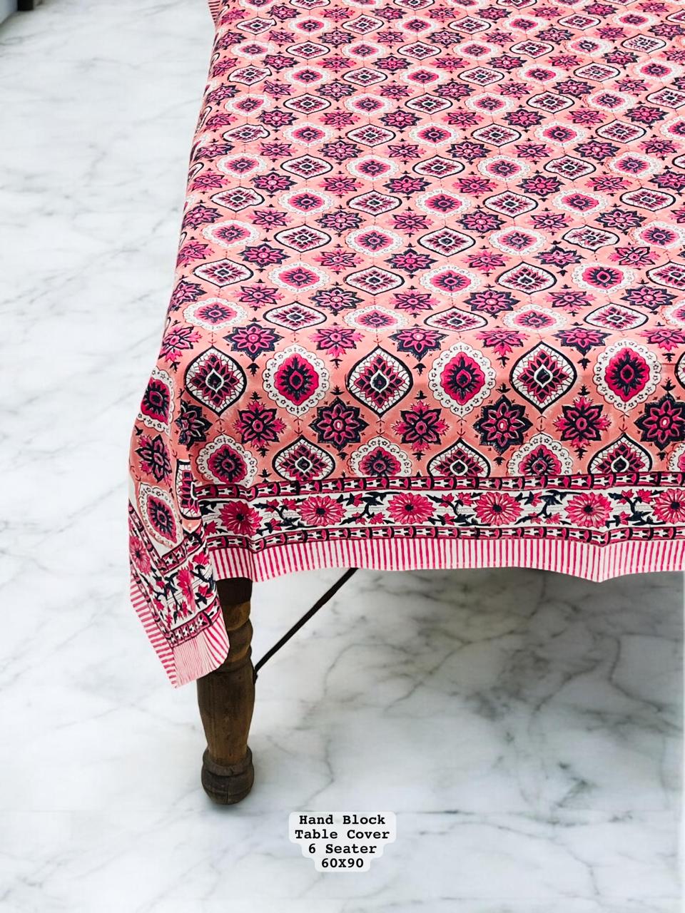 Pink Hand Block Printed Cotton Table Cover – Intricate Floral Motifs