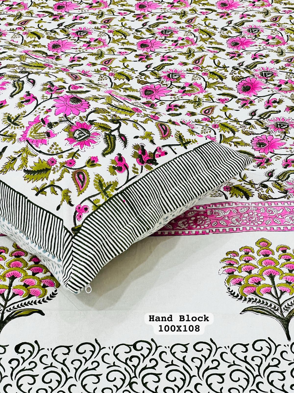 White Cotton Bedsheet – Pink & Green Floral Hand Block Prints + Pillow Covers (100×108″)