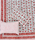 White Bedsheet – Salmon Red & Peach Floral Block Printed Cotton + Pillow Covers (100×108″)