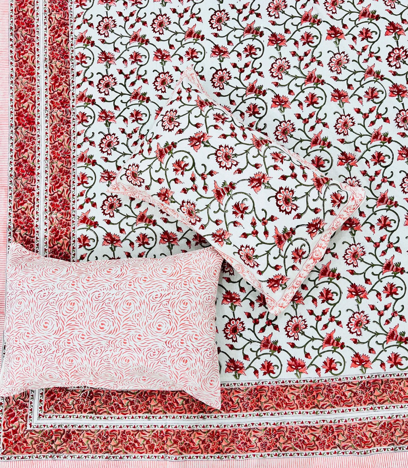 White Bedsheet – Salmon Red & Peach Floral Block Printed Cotton + Pillow Covers (100×108″)