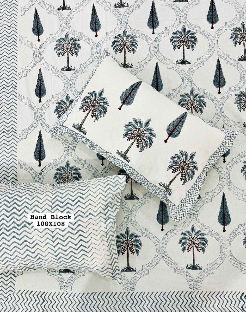 White Bedsheet – Grey Coconut Tree & Leaf Block Printed Cotton + Pillow Covers (100×108″)