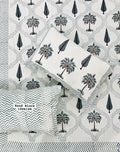 White Bedsheet – Grey Coconut Tree & Leaf Block Printed Cotton + Pillow Covers (100×108″)
