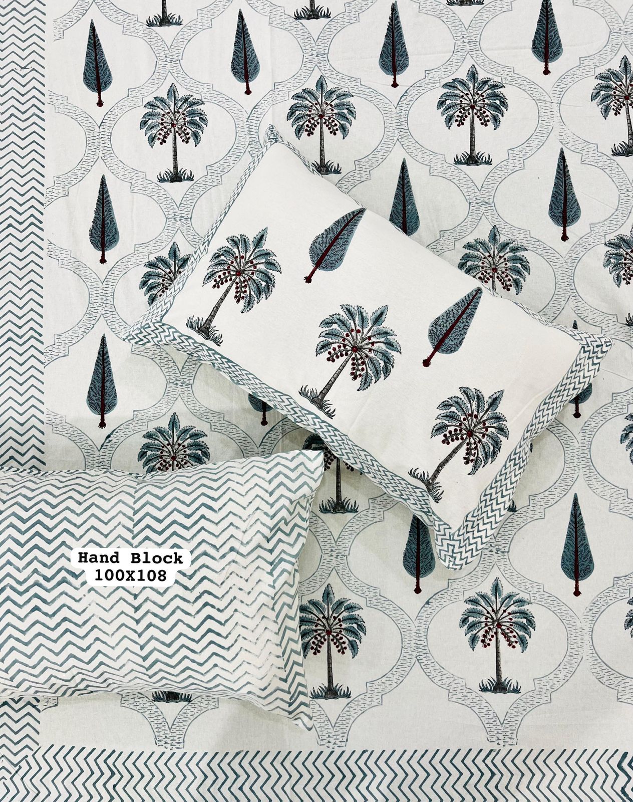 White Bedsheet – Grey Coconut Tree & Leaf Block Printed Cotton + Pillow Covers (100×108″)