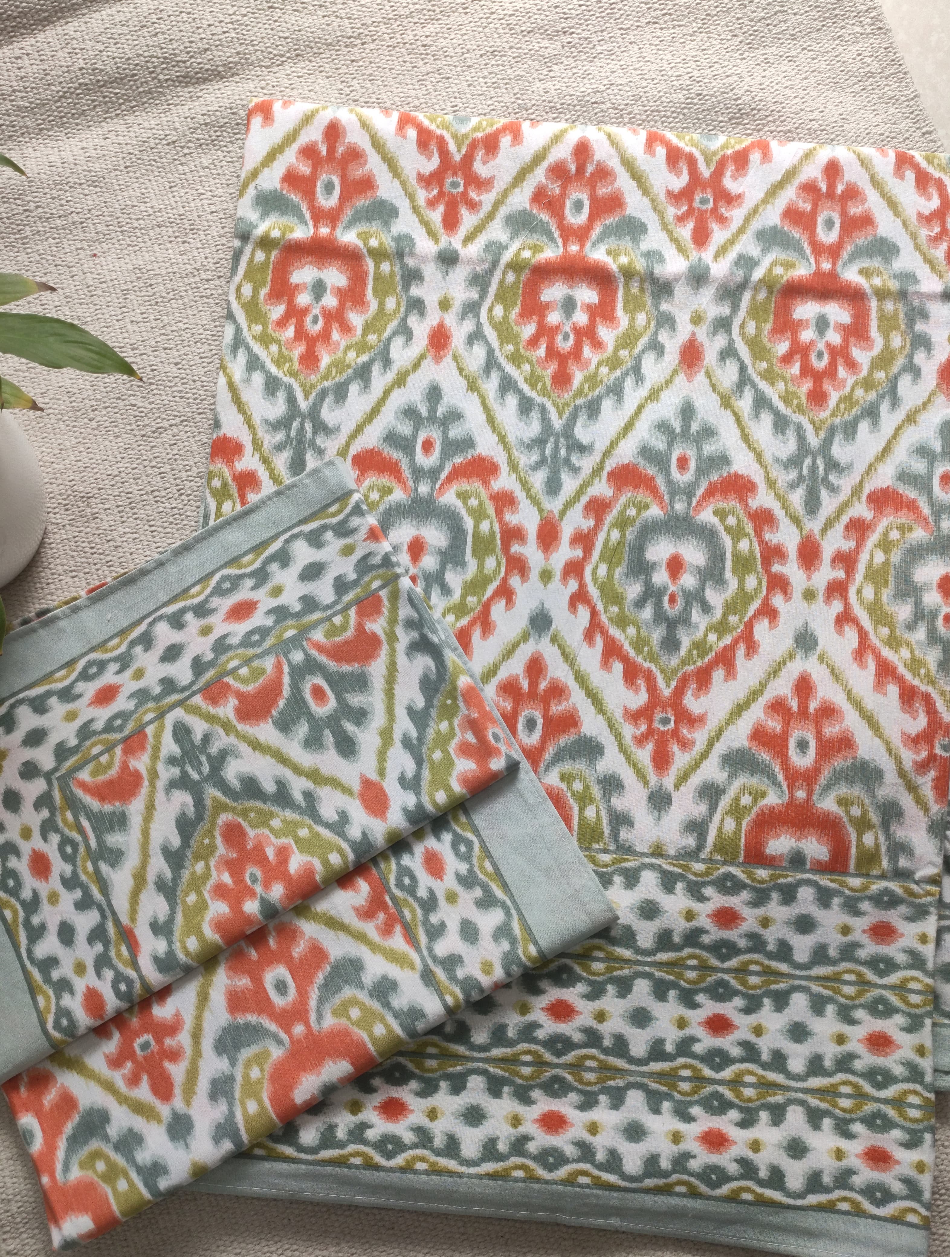 White, Grey & Orange Ikkat Cotton Bedsheet – King Size 108x108″ with Pillow Covers