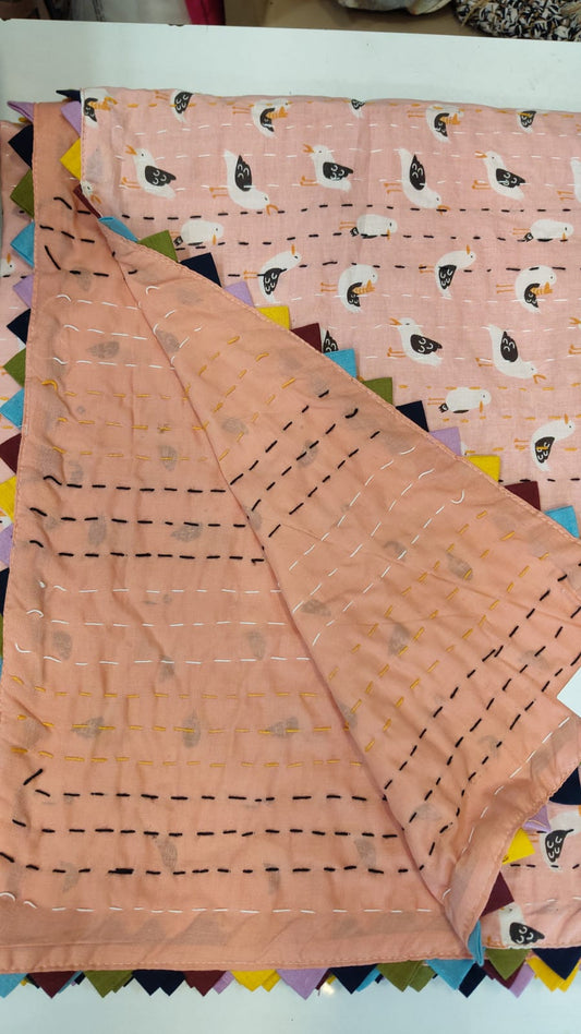 Peach Duck Print Reversible Cotton Blanket | Handmade Kantha Baby Quilt | Multicolour Triangle Border