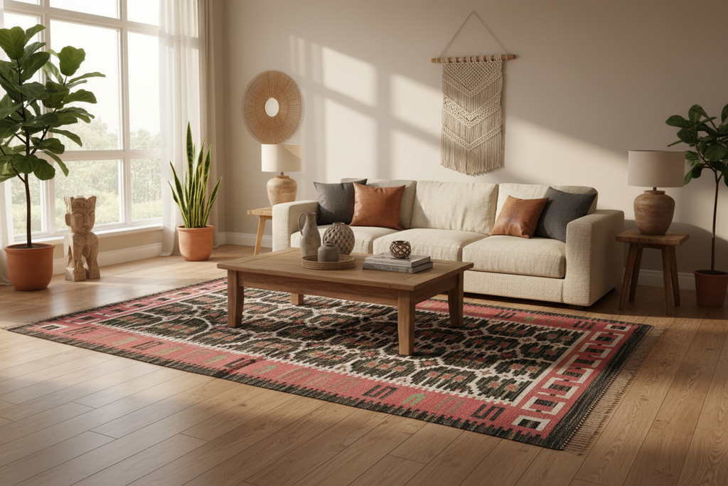 5x7 ft Handwoven Woollen Rug with geometric Diamond Pattern