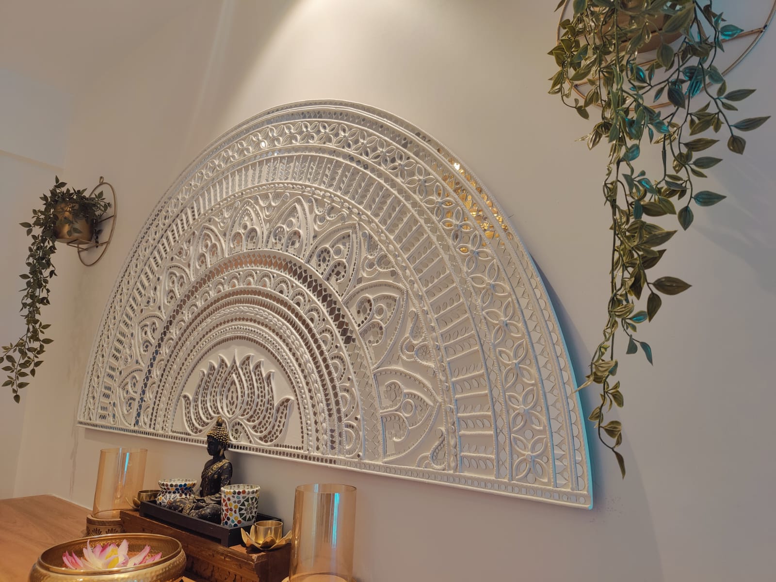 Handcrafted Lotus Lippan Art Mandala Wall Panel 5x2.5 ft | Semi-Circular Clay & Mirror Wall Decor