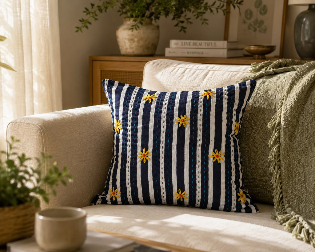 Handcrafted Navy Stripe Cushion Cover with Floral Embroidery | Premium Cotton