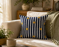 Handcrafted Navy Stripe Cushion Cover with Floral Embroidery | Premium Cotton
