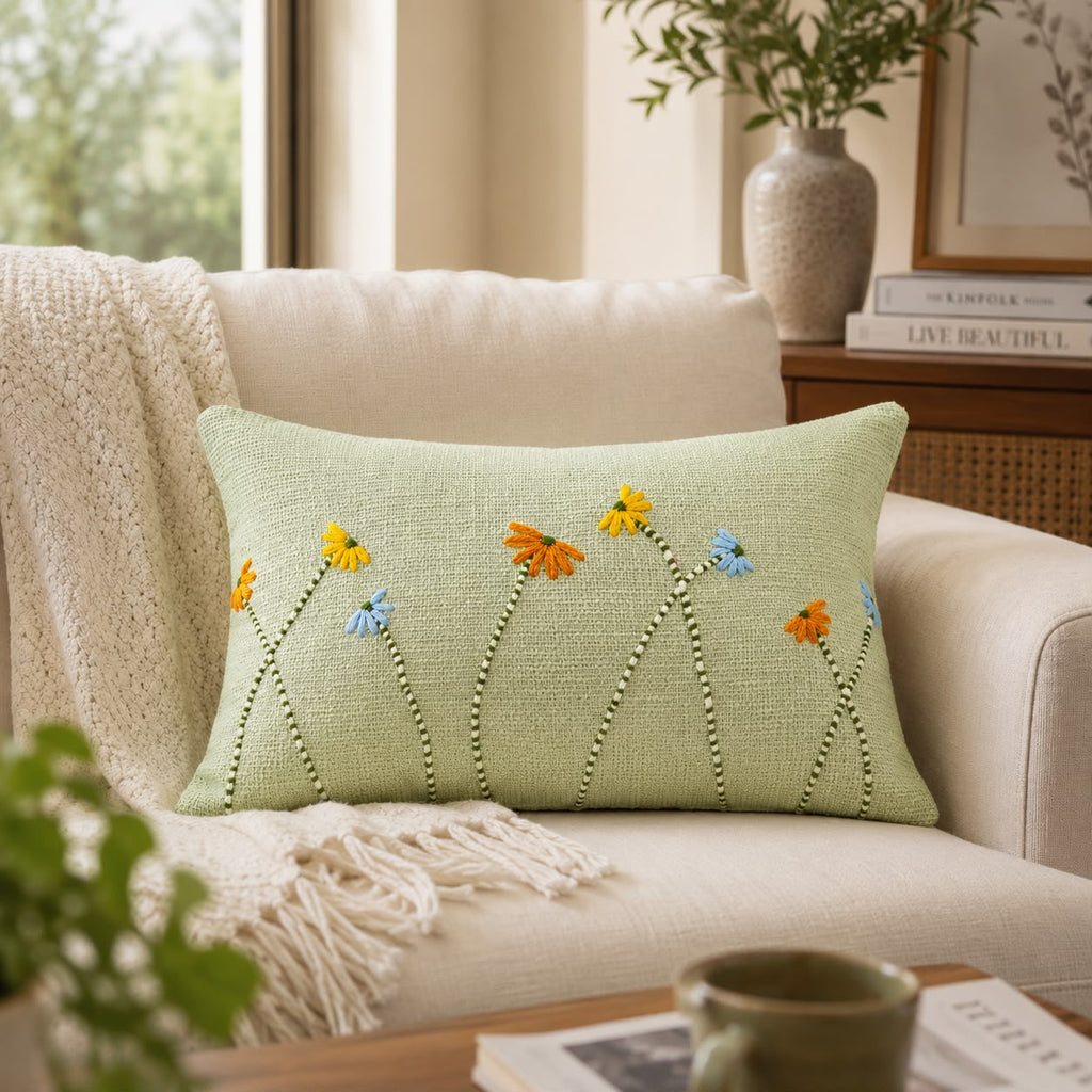Hand Embroidered Wind bloom Cushion Cover | Bespoke artisan crafted handloom Sage Green
