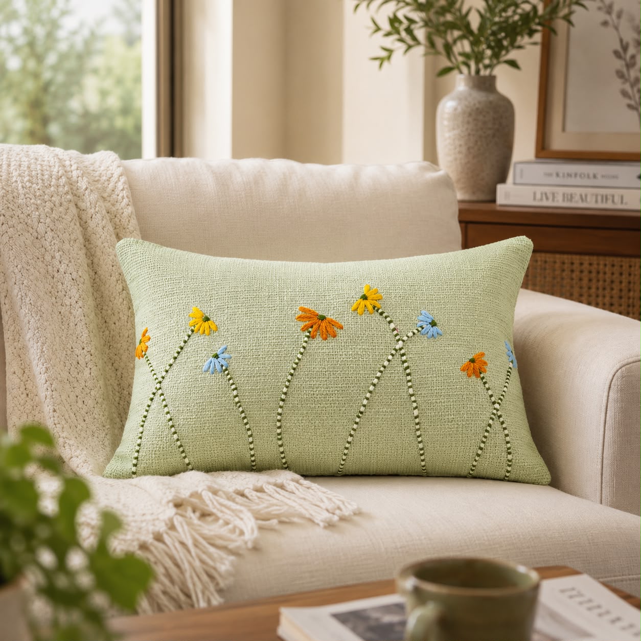 Hand Embroidered Wind bloom Cushion Cover | Bespoke artisan crafted handloom Sage Green