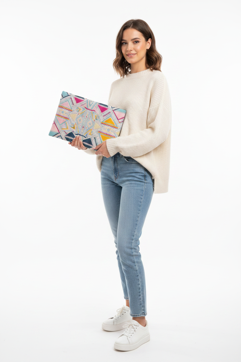 Pastel Tribal Woven Laptop Sleeve | Handcrafted Geometric Padded Laptop Cover