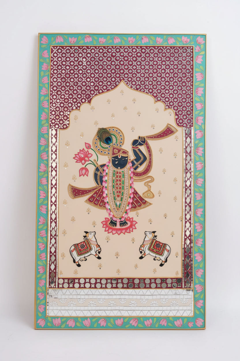 Handcrafted Shreenathji Lippan Art Wall Decor 3x2 Ft | Traditional Clay & Mirror Wall Hanging