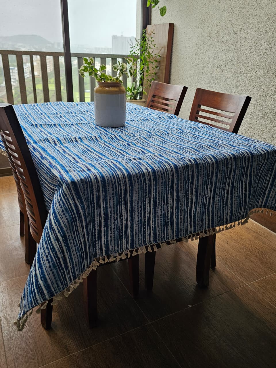 Indigo Stripe Cotton Table Cover | Handcrafted Printed Dining Table Cover