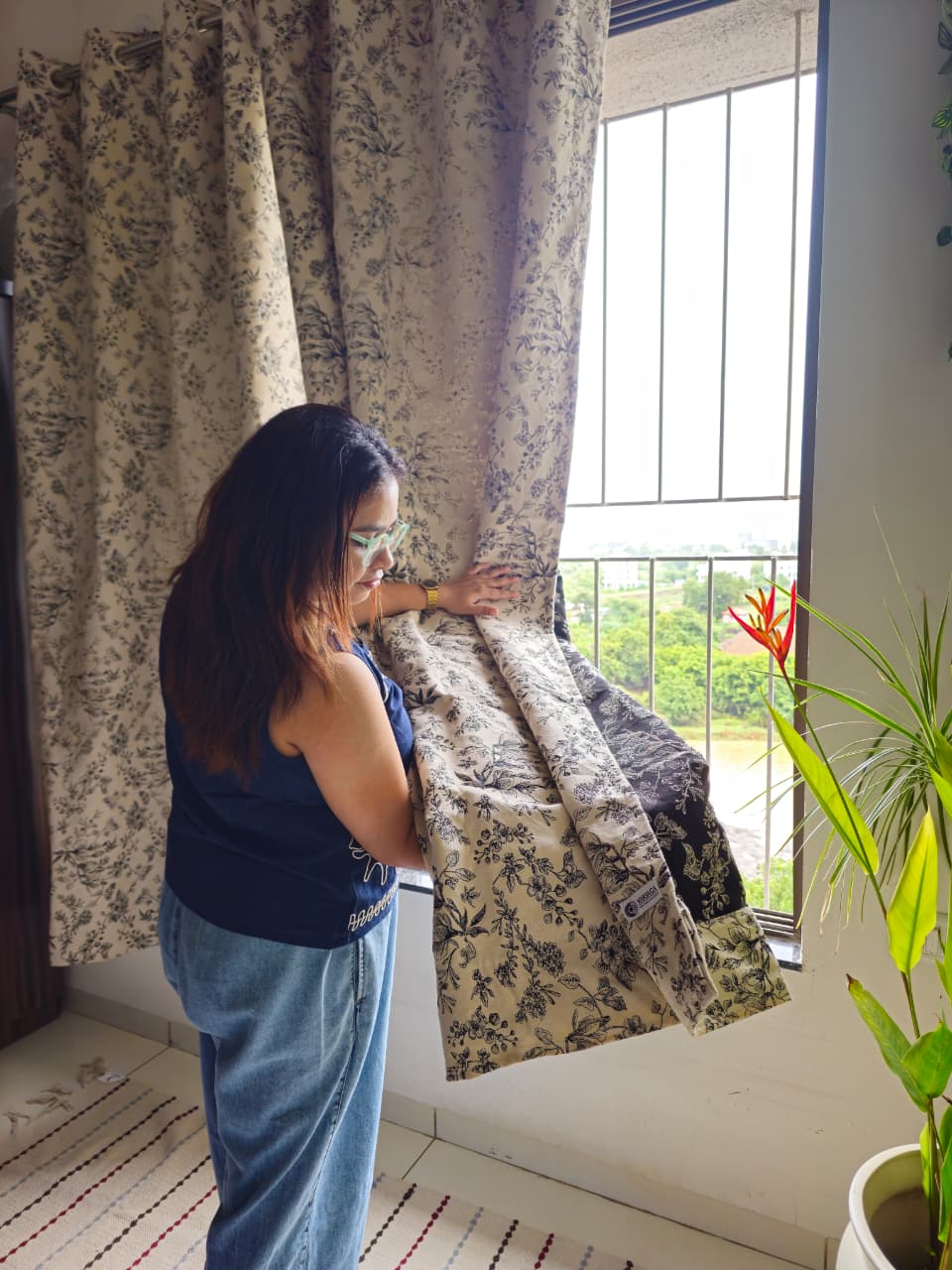 Midnight Botanical Cotton Curtain | Premium Floral Window Curtain