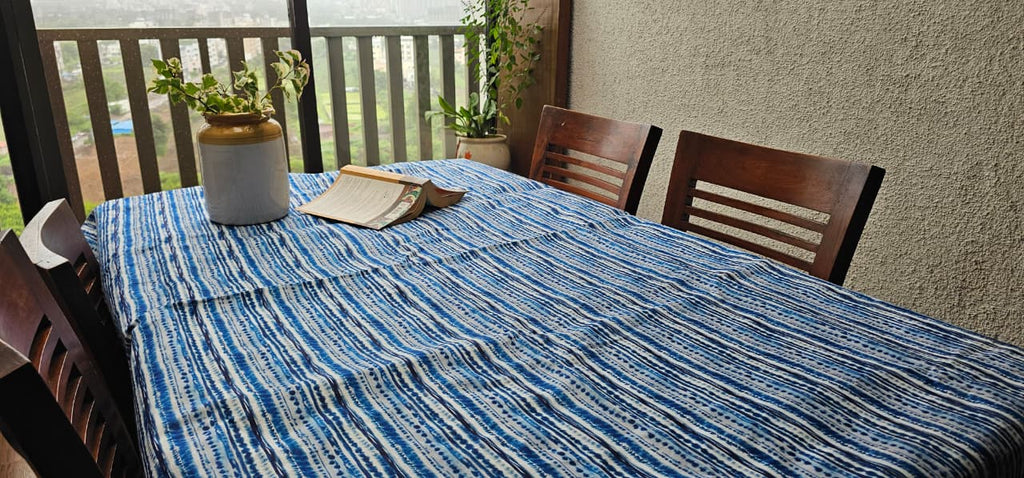Indigo Stripe Cotton Table Cover | Handcrafted Printed Dining Table Cover