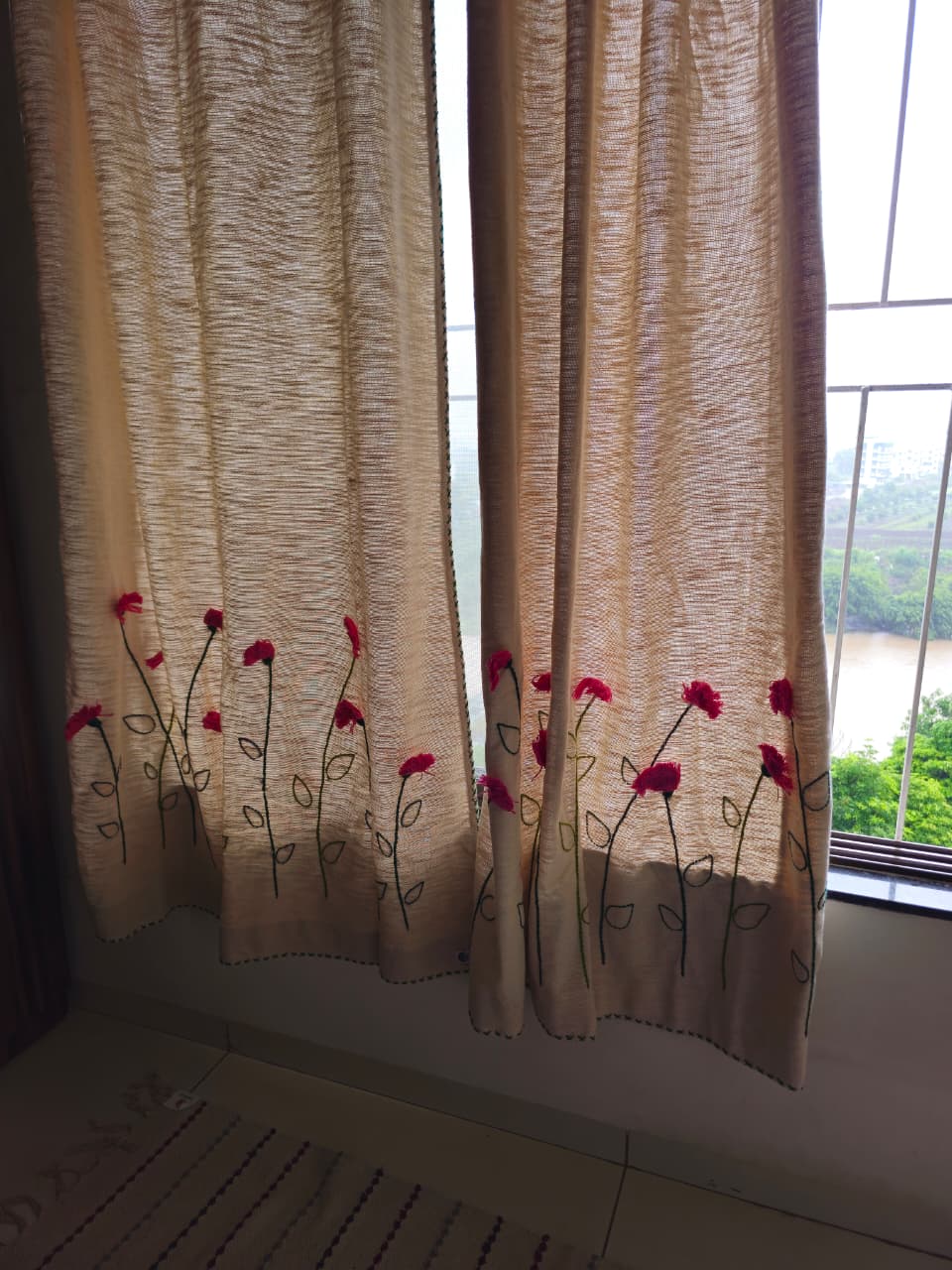 Blossom Meadow Hand Embroidered Cotton Curtain | Handcrafted Floral Window Curtain